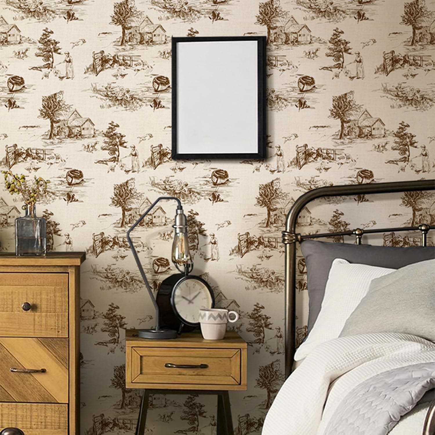 QUCHENG Monochrome Wallpaper Wall Decal Chinoiserie Vintage Peel and Stick Wall Sticker Toile de Jouy Landscape Removable PVC Wall Decor for Bedroom Living Room Cabinet Furniture