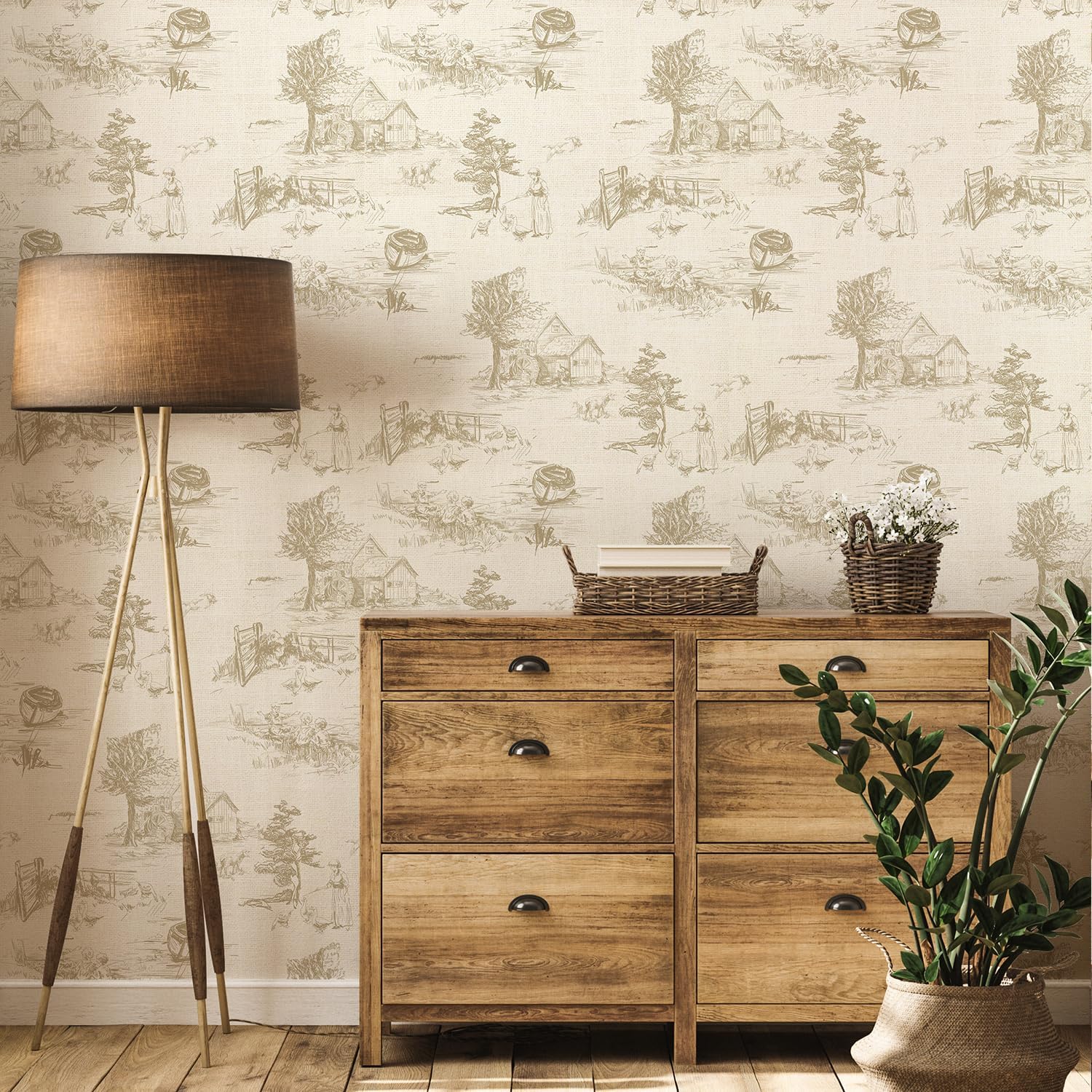 Monochrome Wallpaper Wall Decal Chinoiserie Vintage Peel and Stick Wall Sticker Toile de Jouy Landscape Removable PVC Wall Decor for Bedroom Living Room Cabinet Furniture